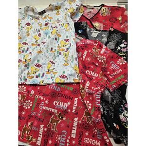 Lot Of 4 Scrub Tops (Disney,Looney Tunes, Rudolph)